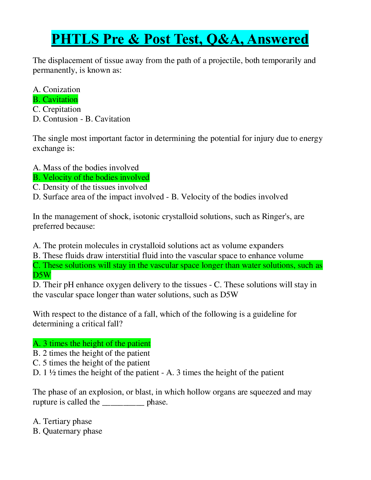 Preview image for PHTLS Pre & Post Test, Q&A, Answered